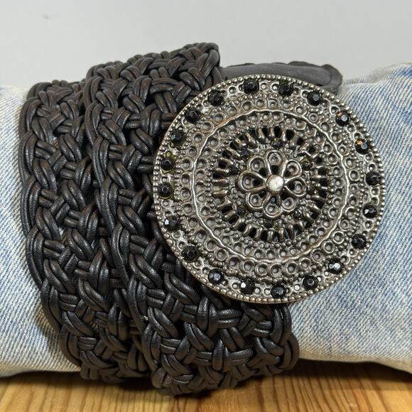 Vintage Braided Leather Medallion Boho Wide Layering Belt - Black Wms Medium - Picture 2 of 8